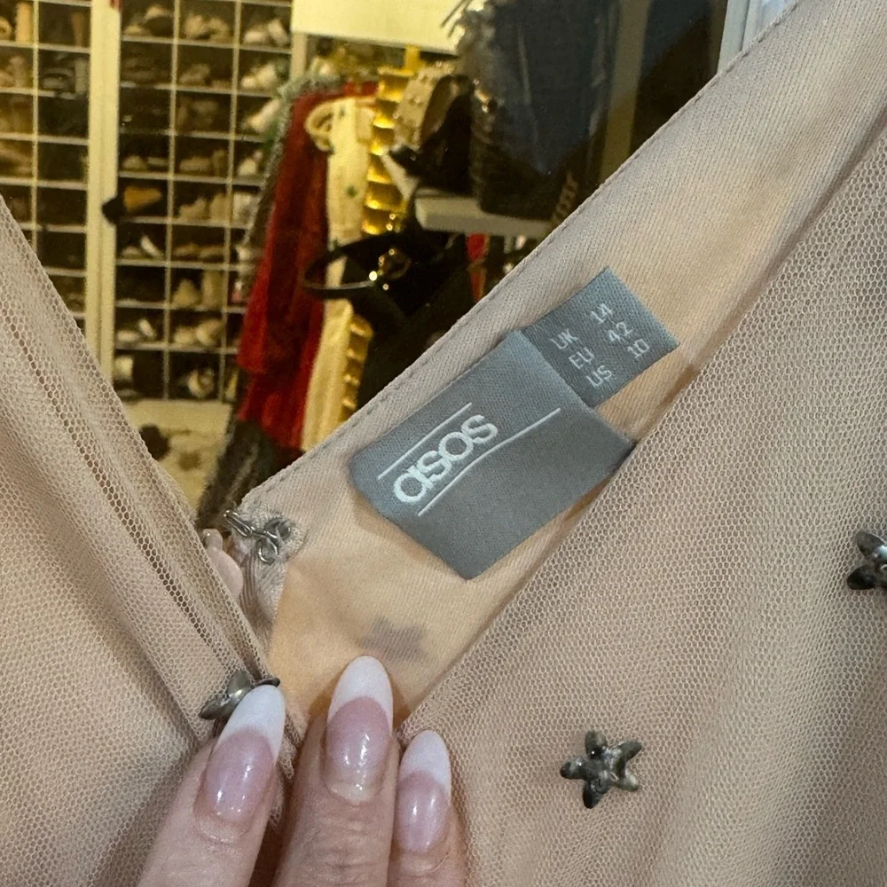 ⭐️🪩🌟 ASOS Beige Mesh Embellished Romper Playsuit star fringe festival Shorts - Picture 5 of 7